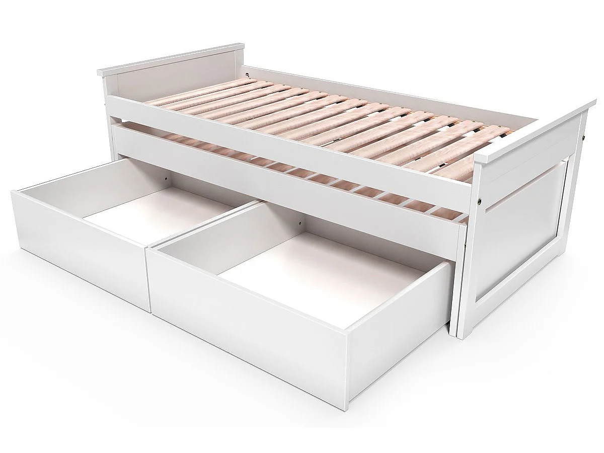 Lit Gigogne 90x200 Maxi en bois + tiroirs de rangement, Blanc