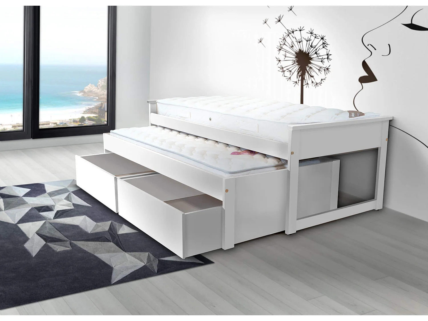 Lit Gigogne 90x200 Maxi en bois + tiroirs de rangement, Blanc