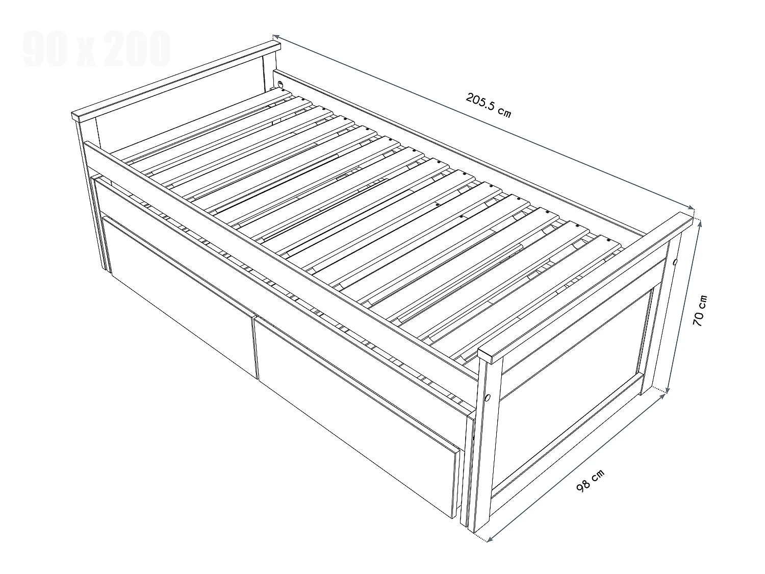 Lit Gigogne 90x200 Maxi en bois + tiroirs de rangement, Blanc