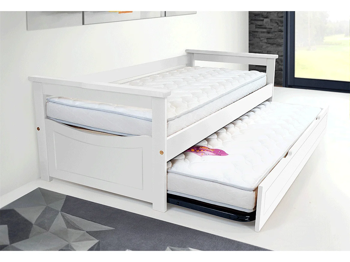 Lit Gigogne 90x190 Topaze Pin massif, Blanc