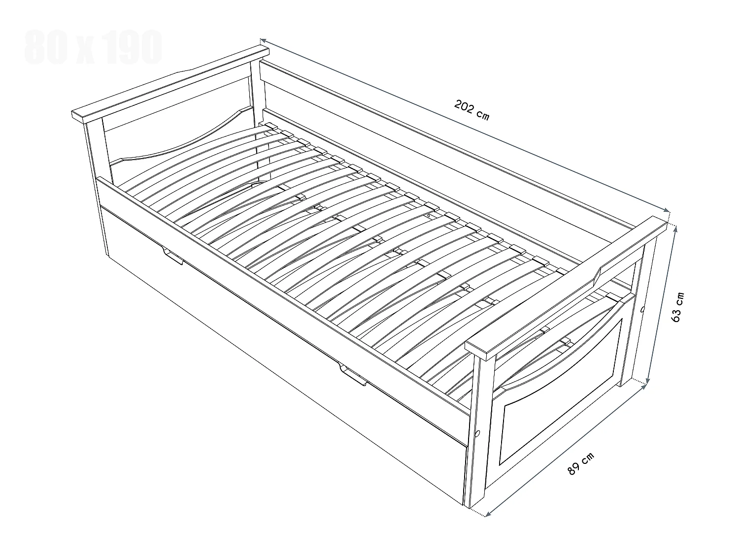Lit Gigogne 80x190 Topaze en Pin massif, Vernis Naturel
