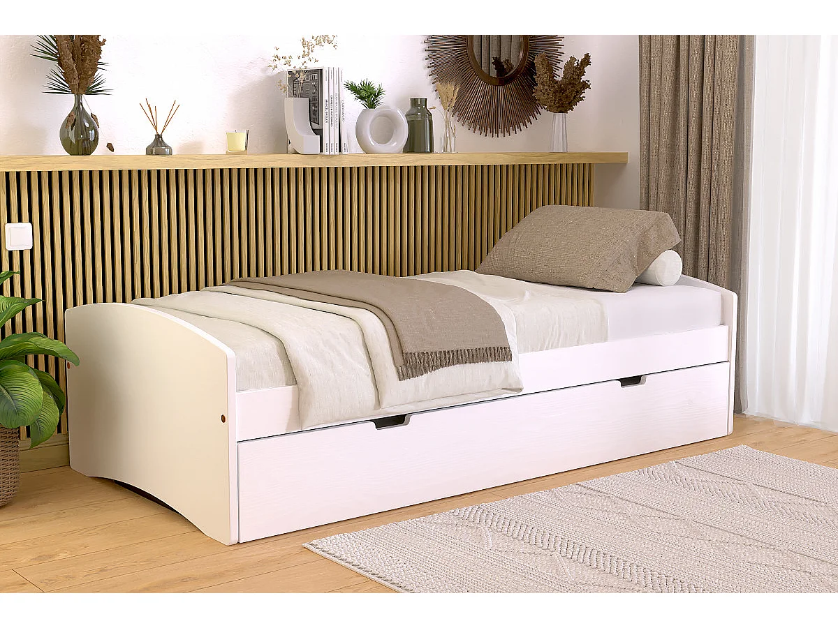 Lit gigogne 90x190 Happy pin massif, Blanc