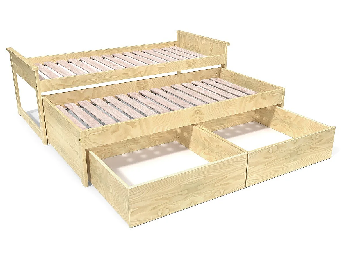 Lit Gigogne 90x200 Maxi en bois + tiroirs de rangement, Miel