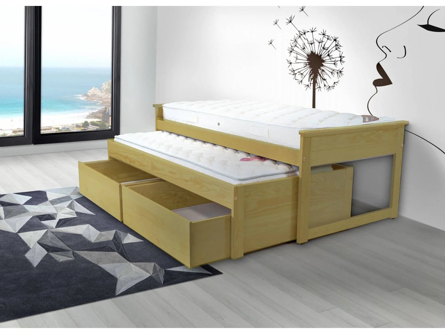 Lit Gigogne 90x200 Maxi en bois + tiroirs de rangement, Miel