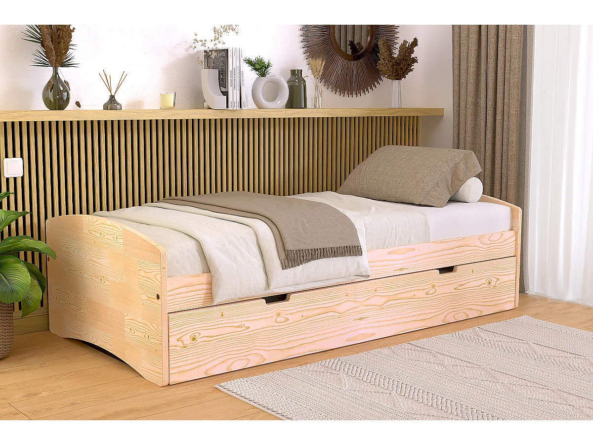 Letto estraibile 80x190 Happy de pino massiccio, Legno Grezzo (senza vernice)