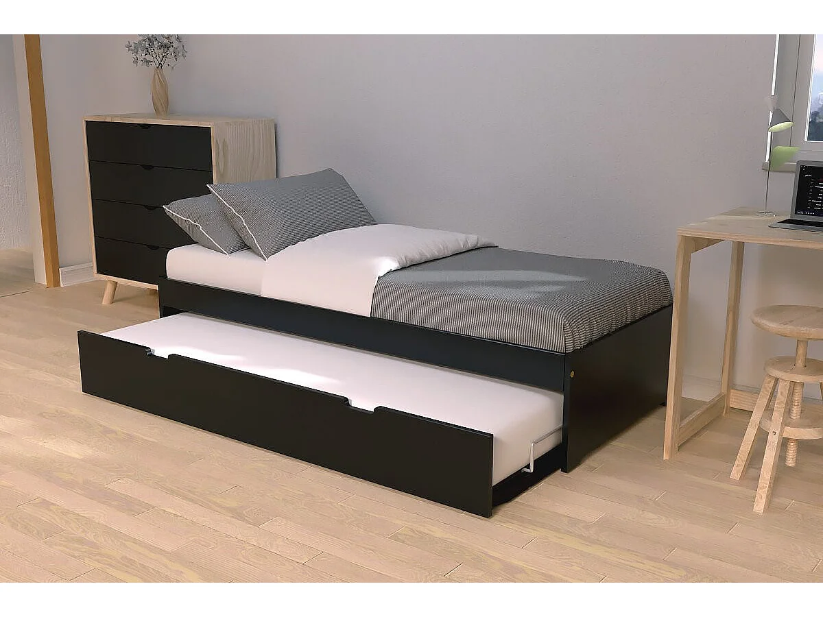 Lit gigogne 80x200 Malo pin massif, Noir