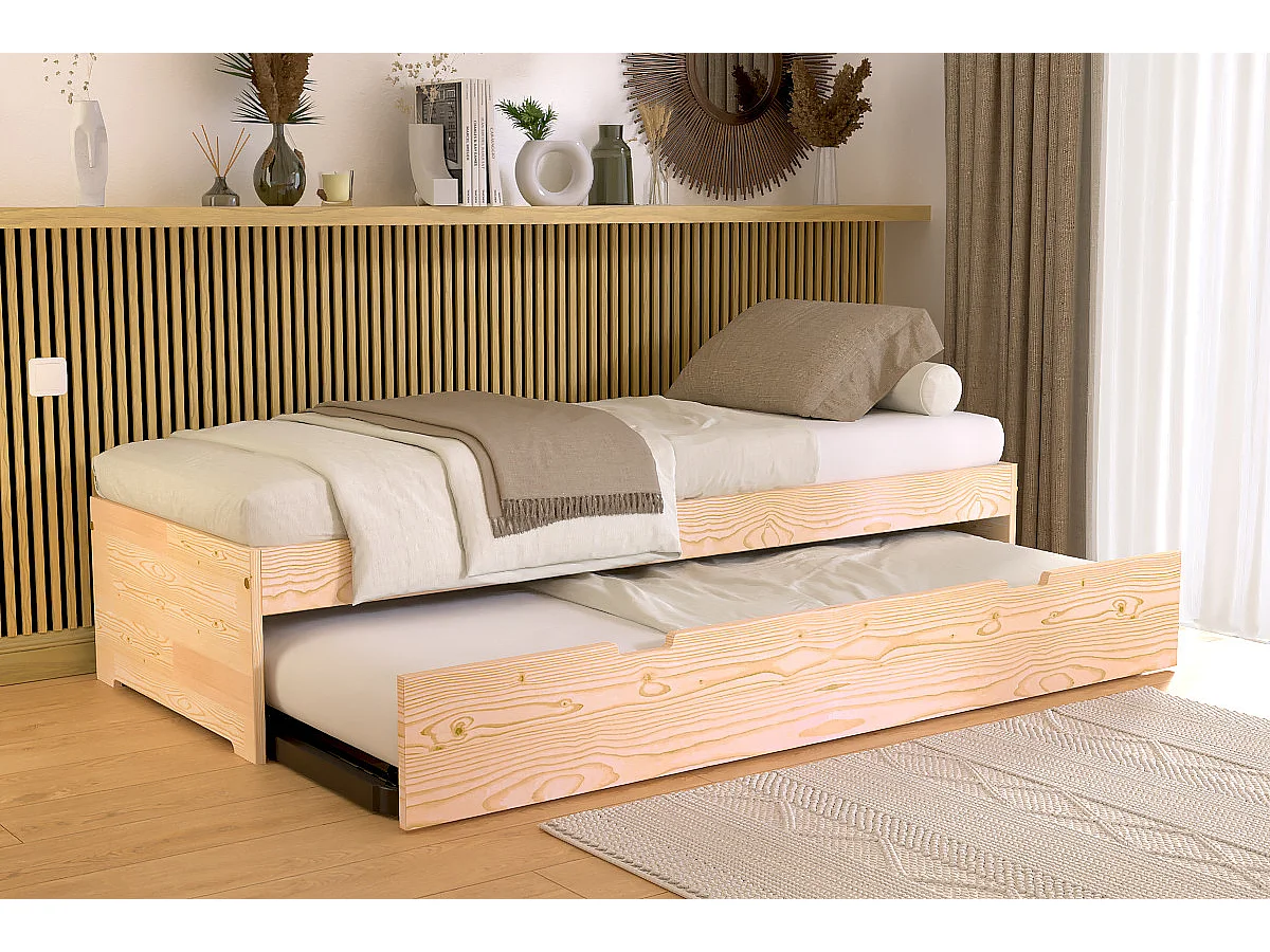 Lit gigogne 70x190 Malo pin massif, Brut (sans vernis)