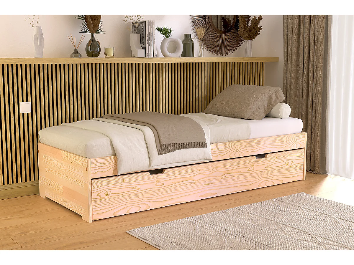 Lit gigogne 70x190 Malo pin massif, Brut (sans vernis)