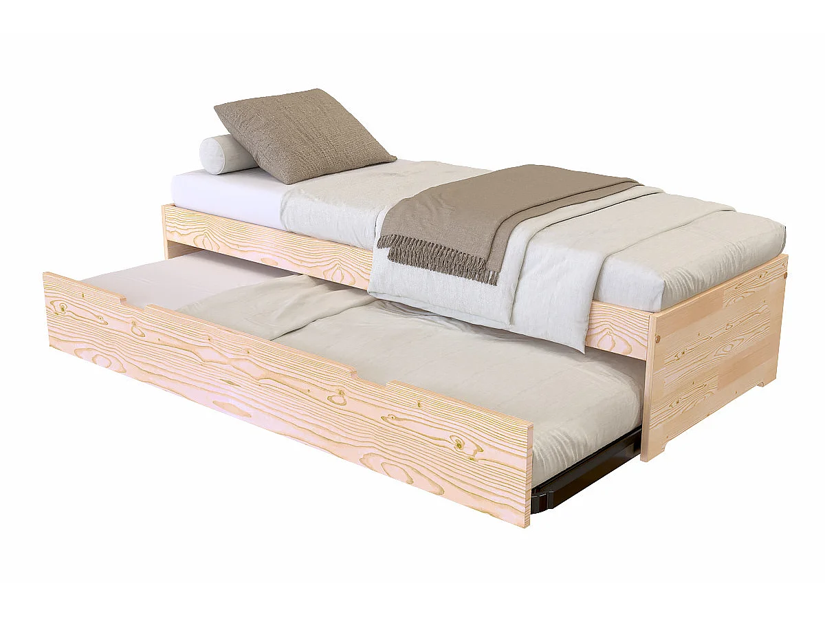 Lit gigogne 70x190 Malo pin massif, Brut (sans vernis)