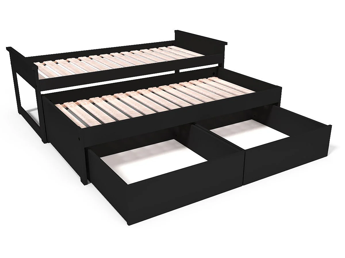 Lit Gigogne 90x200 Maxi en bois + tiroirs de rangement, Noir