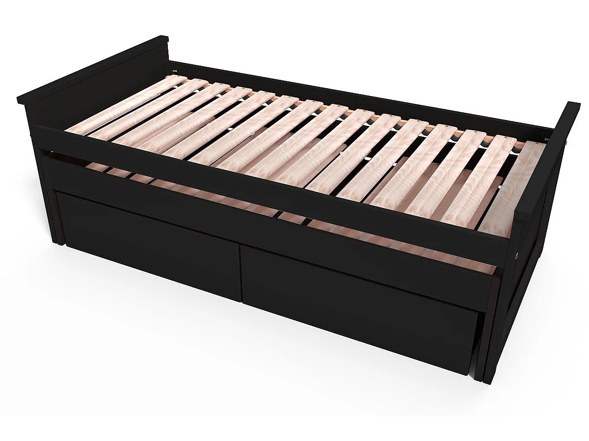 Lit Gigogne 90x200 Maxi en bois + tiroirs de rangement, Noir