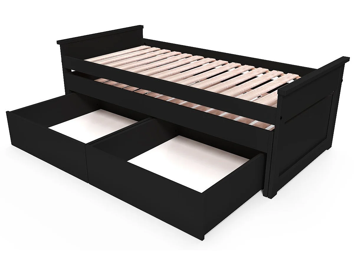 Lit Gigogne 90x200 Maxi en bois + tiroirs de rangement, Noir