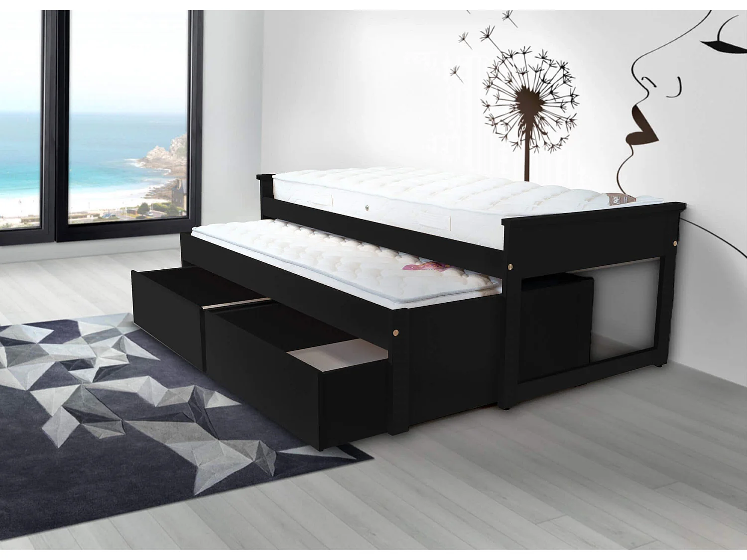 Lit Gigogne 90x200 Maxi en bois + tiroirs de rangement, Noir