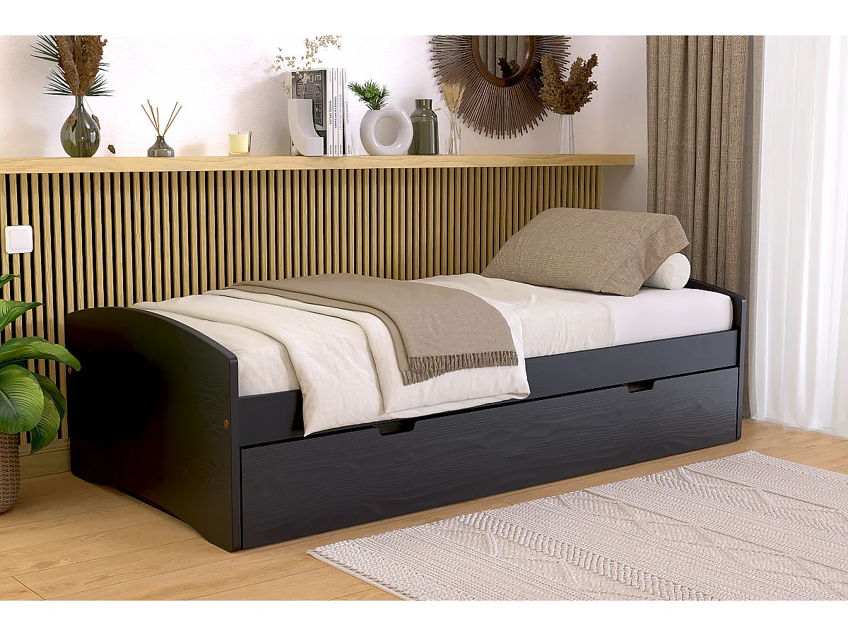 Lit gigogne 80x190 Happy pin massif, Noir