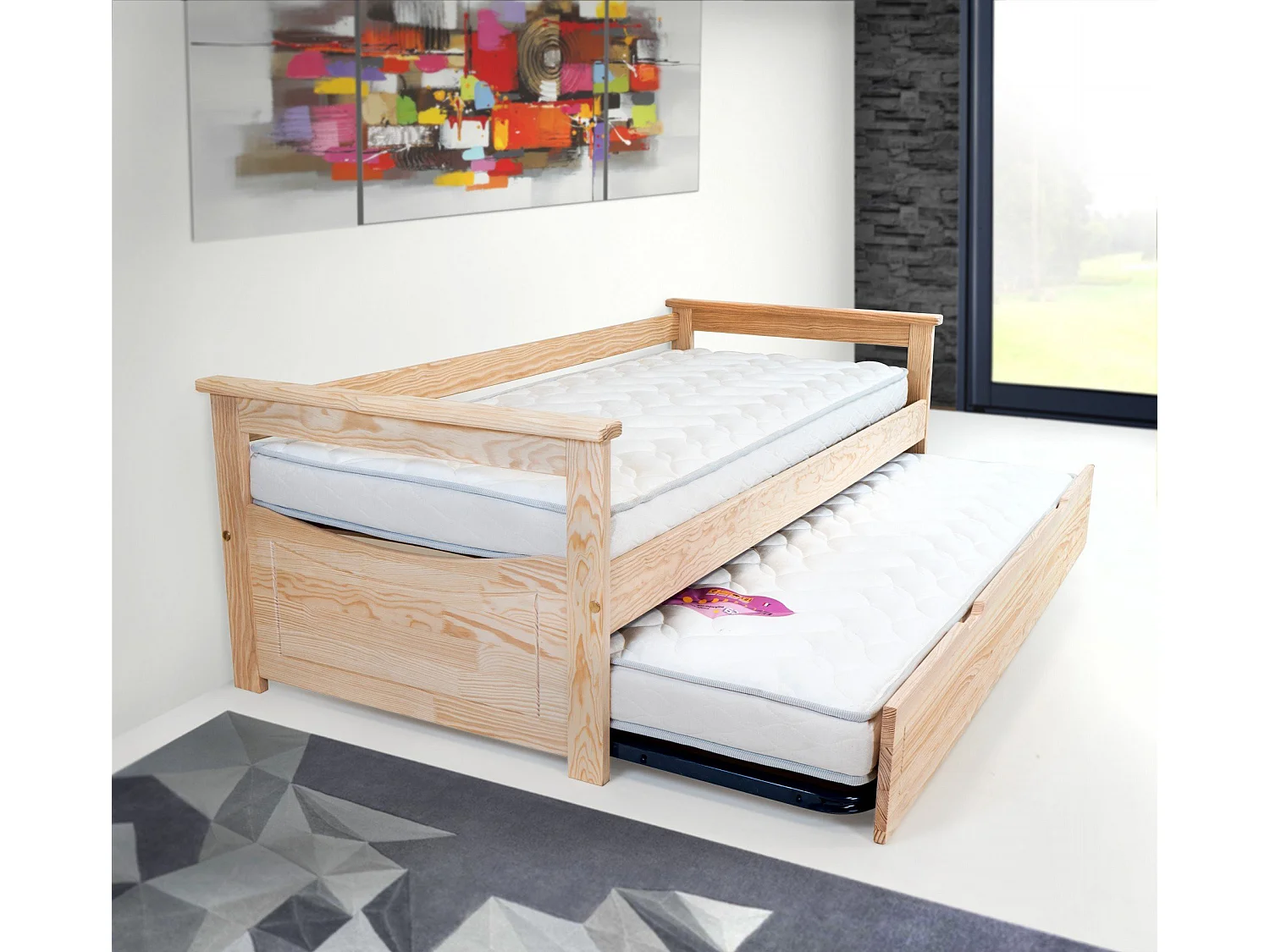 Lit Gigogne 90x190 Topaze Pin massif, Vernis Naturel