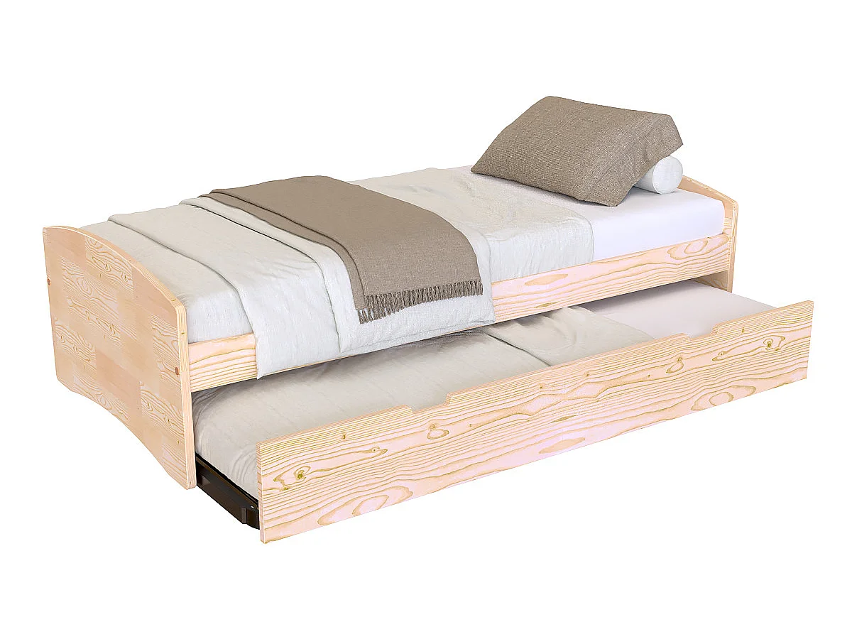 Lit gigogne 90x200 Happy pin massif, Vernis Naturel