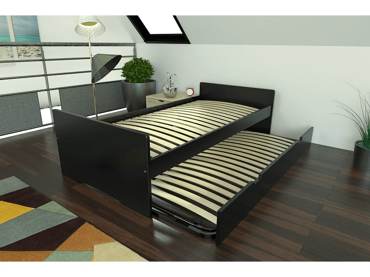 Lit gigogne 90x190 ABC pin massif, Noir