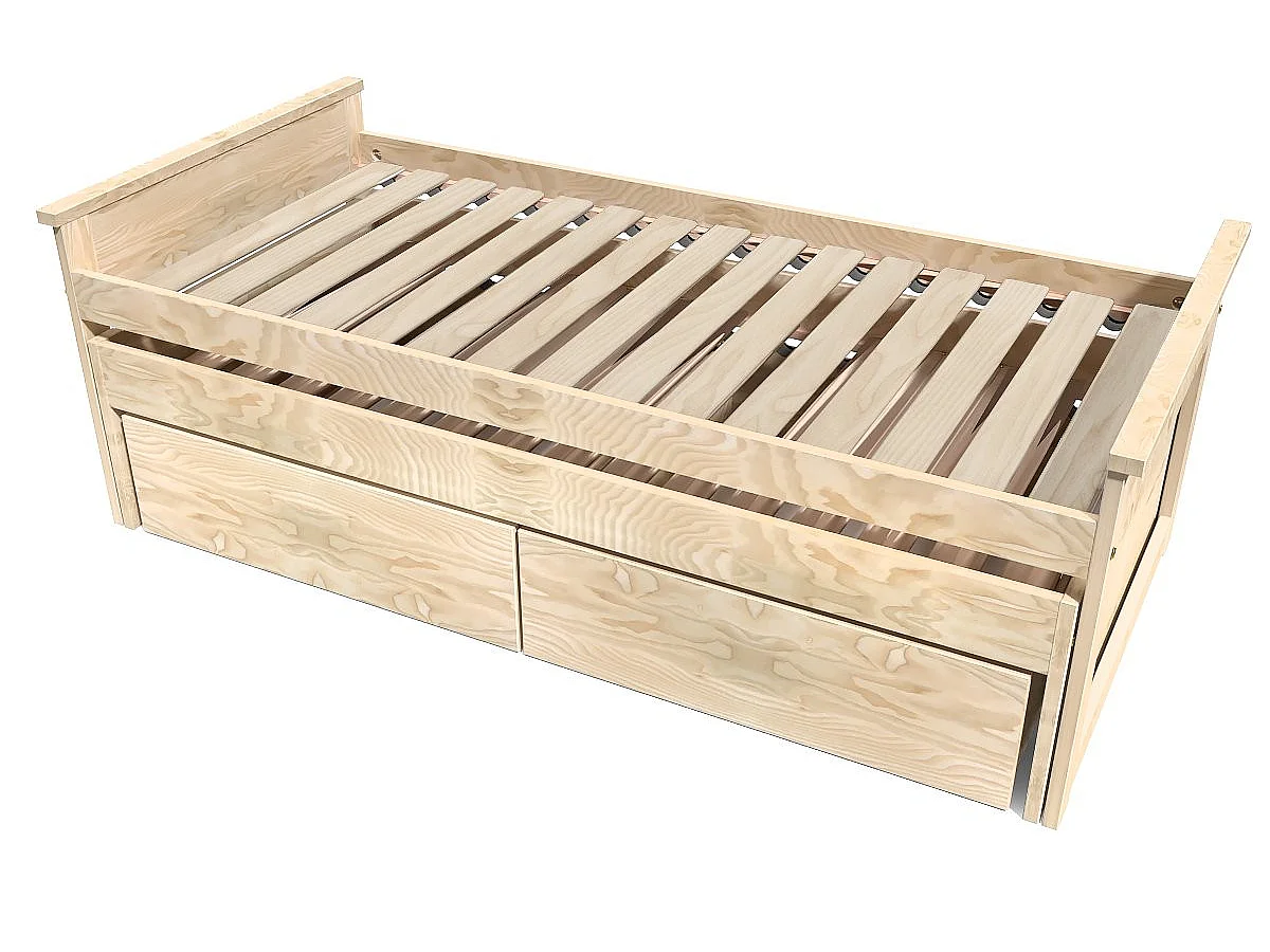 Lit Gigogne 90x200 Maxi en bois + tiroirs de rangement, Brut (sans vernis)