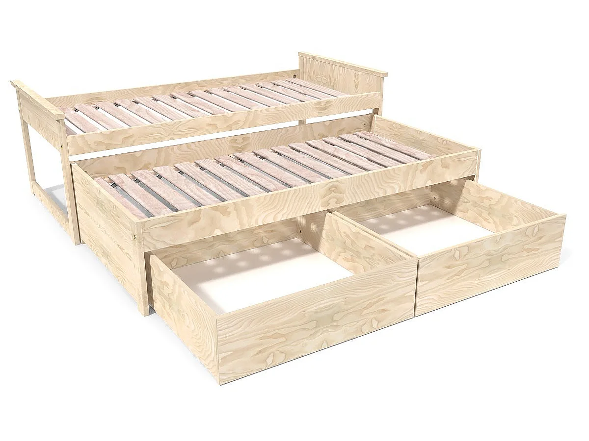 Lit Gigogne 90x200 Maxi en bois + tiroirs de rangement, Brut (sans vernis)