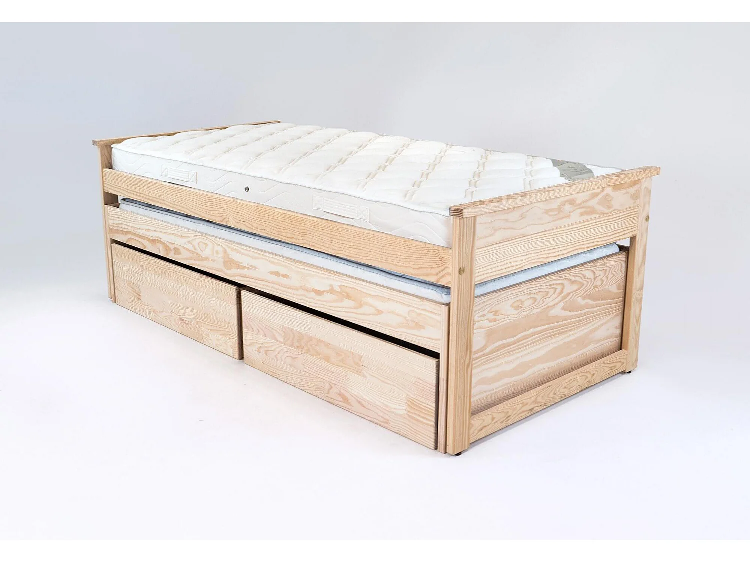 Lit Gigogne 90x200 Maxi en bois + tiroirs de rangement, Brut (sans vernis)