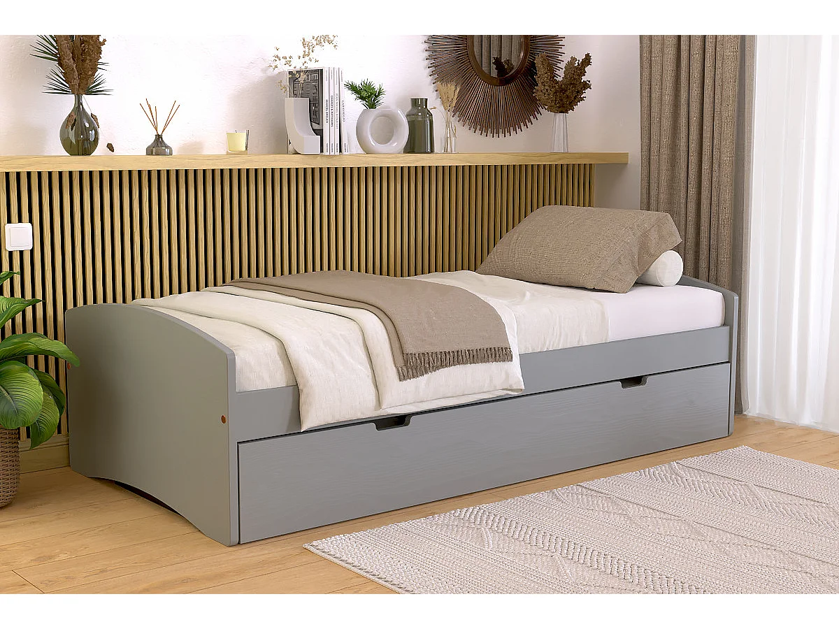 Lit gigogne 90x200 Happy pin massif, Gris