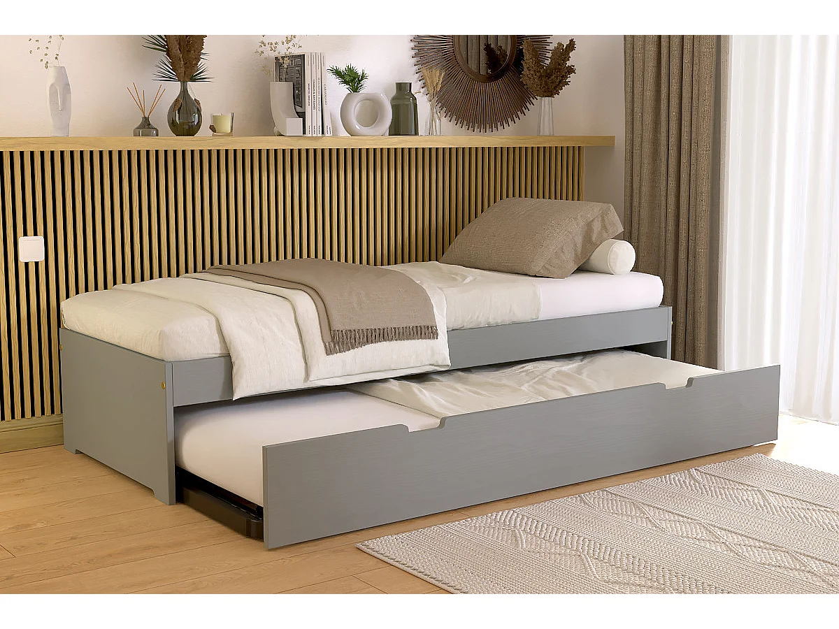 Lit gigogne 70x190 Malo pin massif, Gris