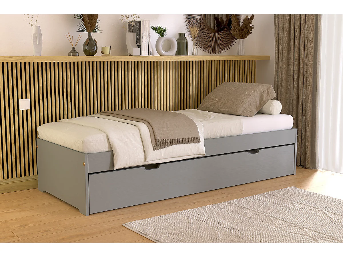 Lit gigogne 70x190 Malo pin massif, Gris