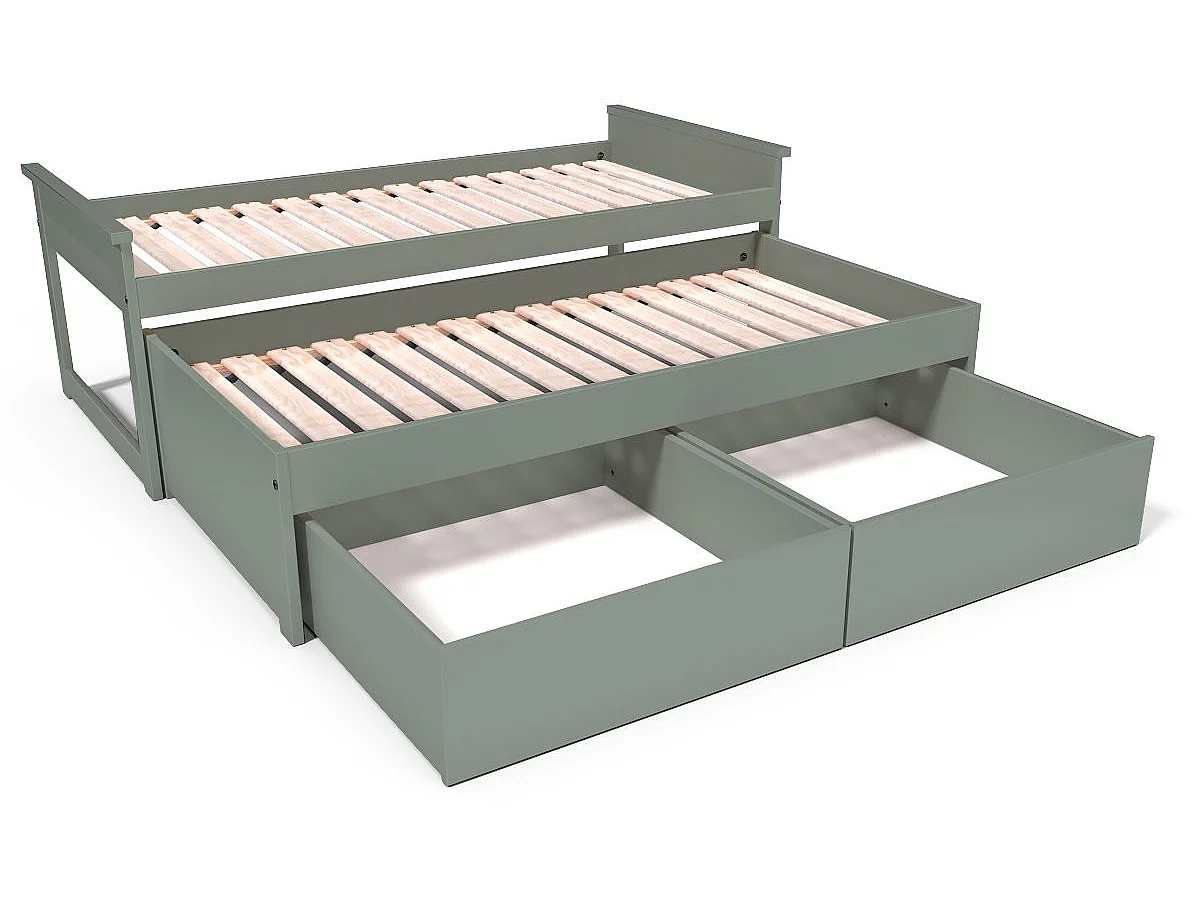 Lit Gigogne 90x200 Maxi en bois + tiroirs de rangement, Gris