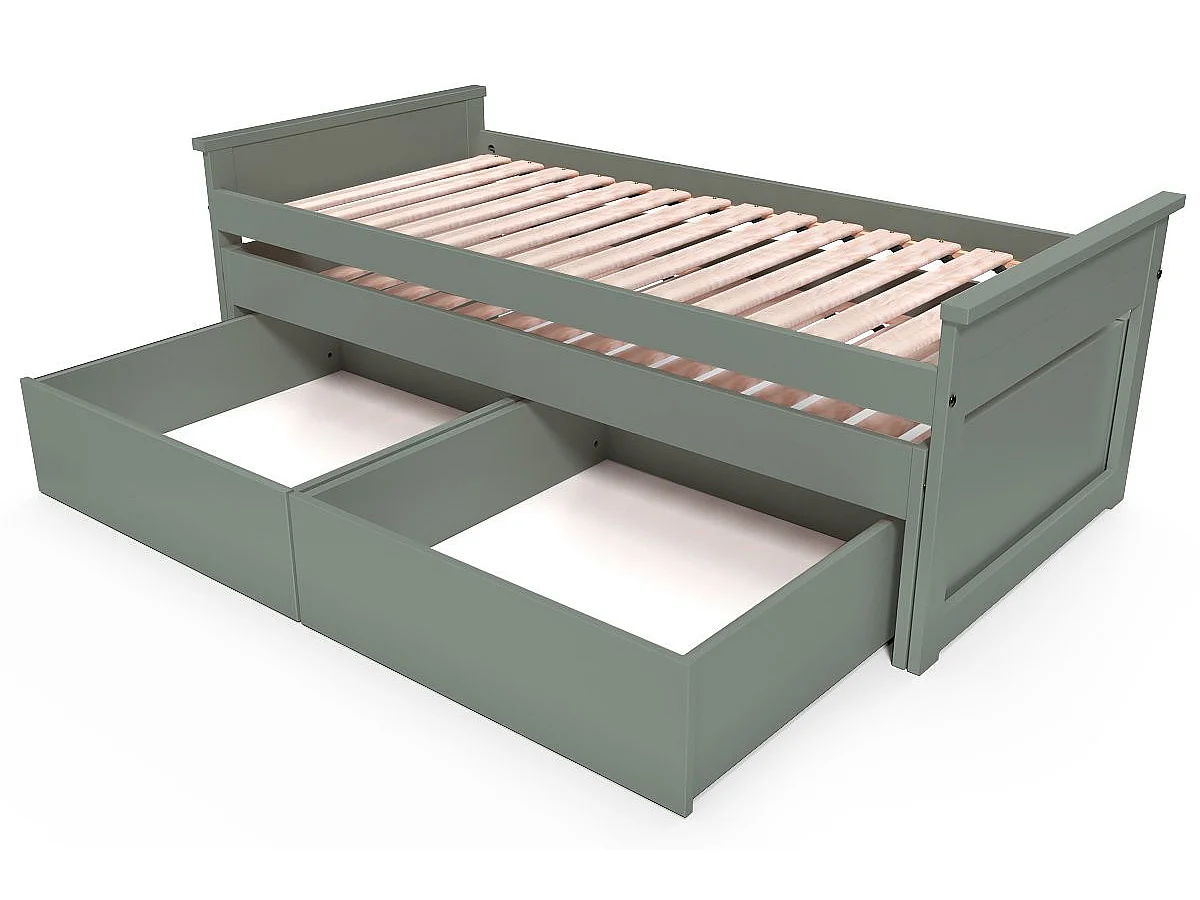 Lit Gigogne 90x200 Maxi en bois + tiroirs de rangement, Gris