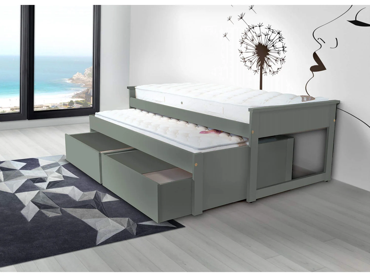 Lit Gigogne 90x200 Maxi en bois + tiroirs de rangement, Gris