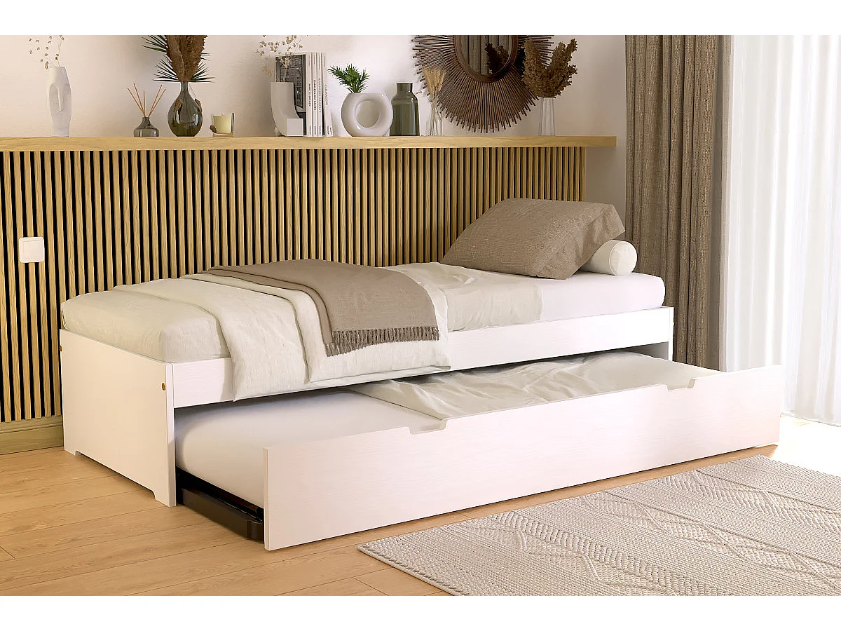Lit gigogne 70x190 Malo pin massif, Blanc
