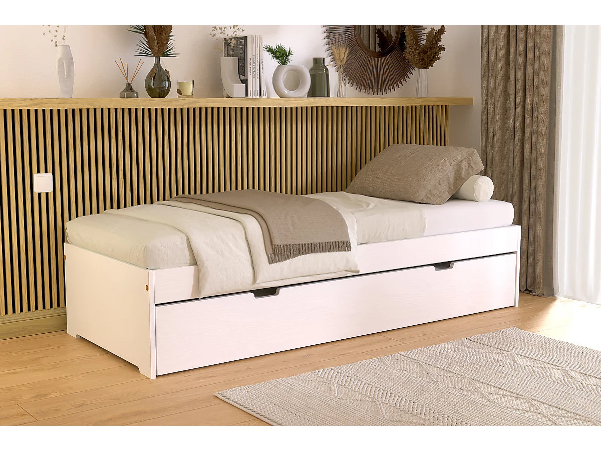 Lit gigogne 70x190 Malo pin massif, Blanc