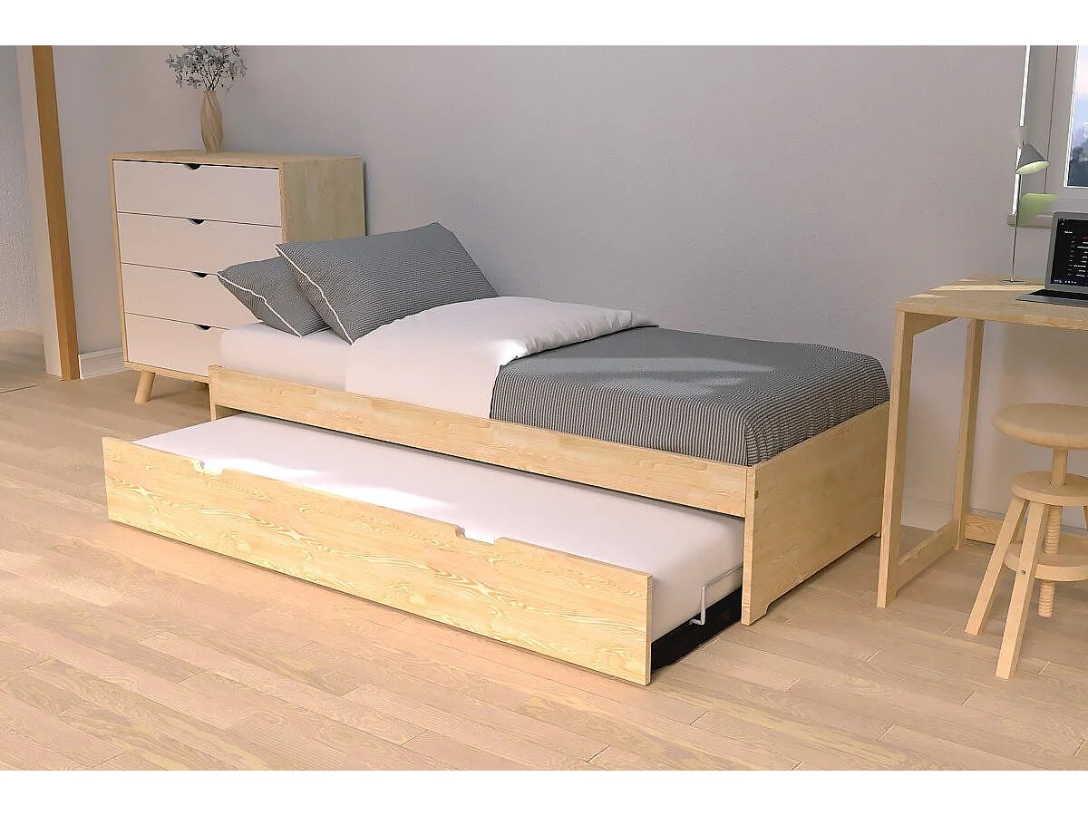 Lit gigogne 90x200 Malo pin massif, Brut (sans vernis)