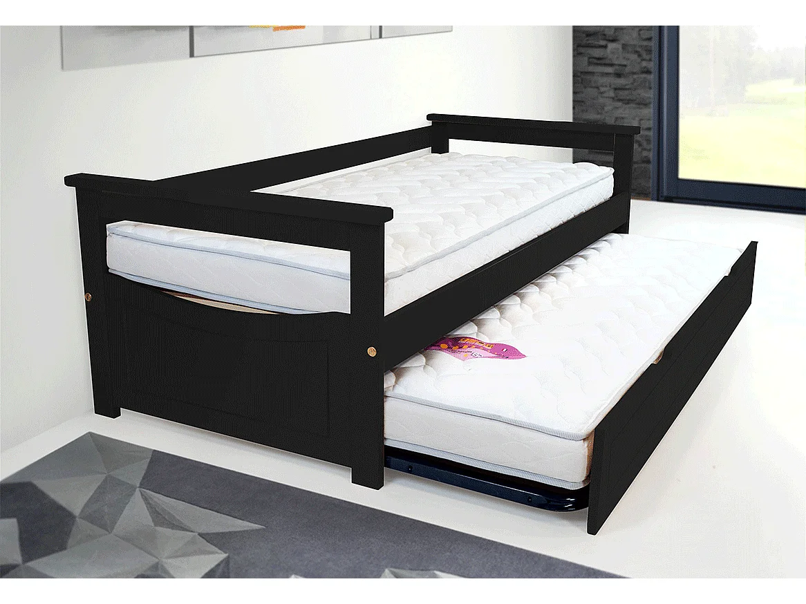 Lit Gigogne 80x190 Topaze en Pin massif, Noir