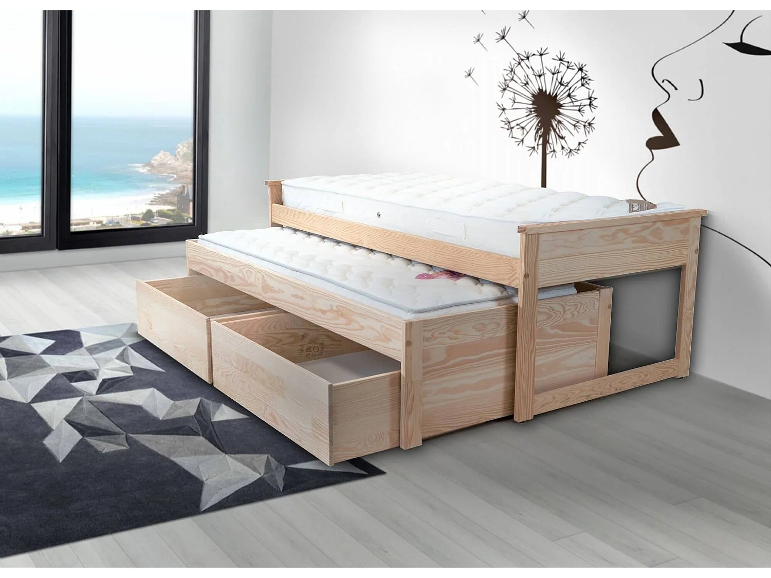 Lit Gigogne 90x200 Maxi en bois + tiroirs de rangement, Vernis Naturel