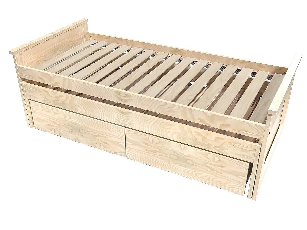 Lit Gigogne 90x200 Maxi en bois + tiroirs de rangement, Vernis Naturel
