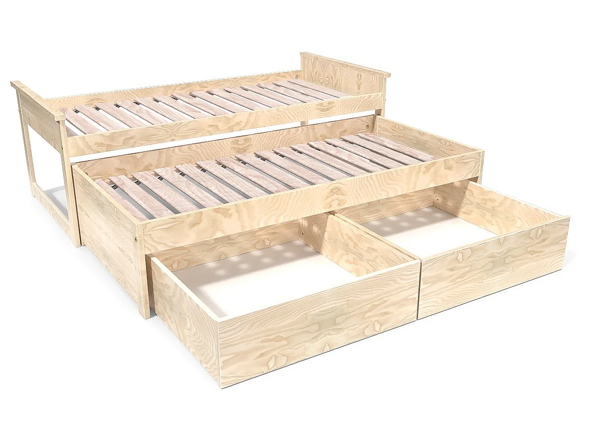 Lit Gigogne 90x200 Maxi en bois + tiroirs de rangement, Vernis Naturel