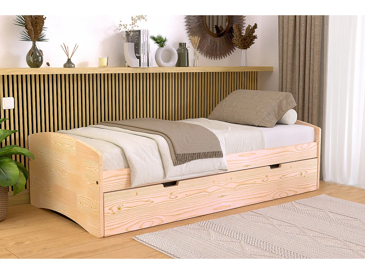 Lit gigogne 80x200 Happy pin massif, Vernis Naturel