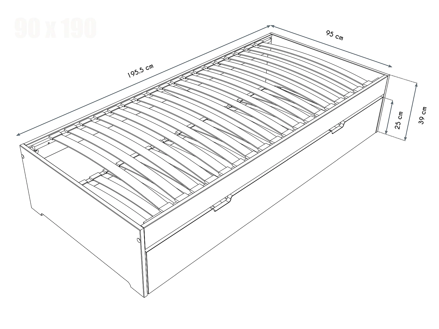 Lit gigogne 90x190 Malo pin massif, Gris