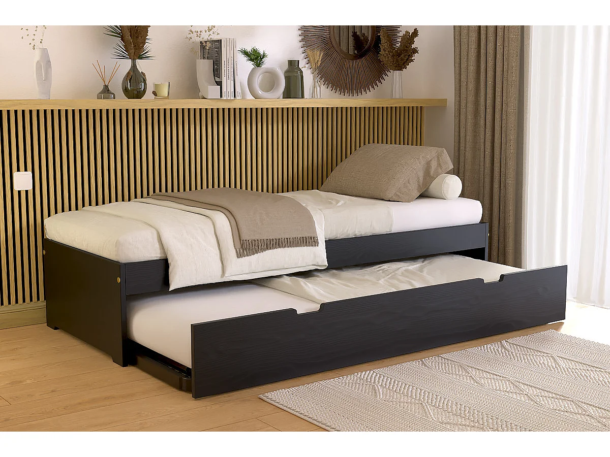 Lit gigogne 70x190 Malo pin massif, Noir
