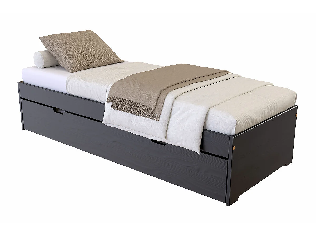 Lit gigogne 70x190 Malo pin massif, Noir