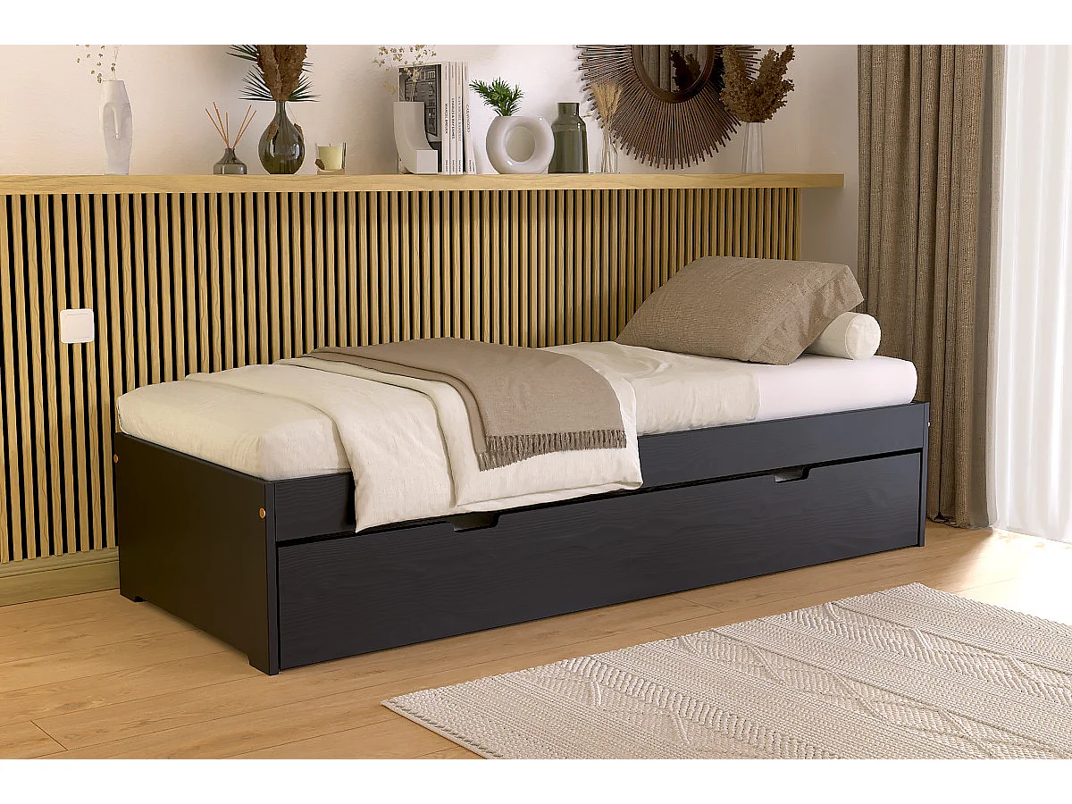 Lit gigogne 70x190 Malo pin massif, Noir