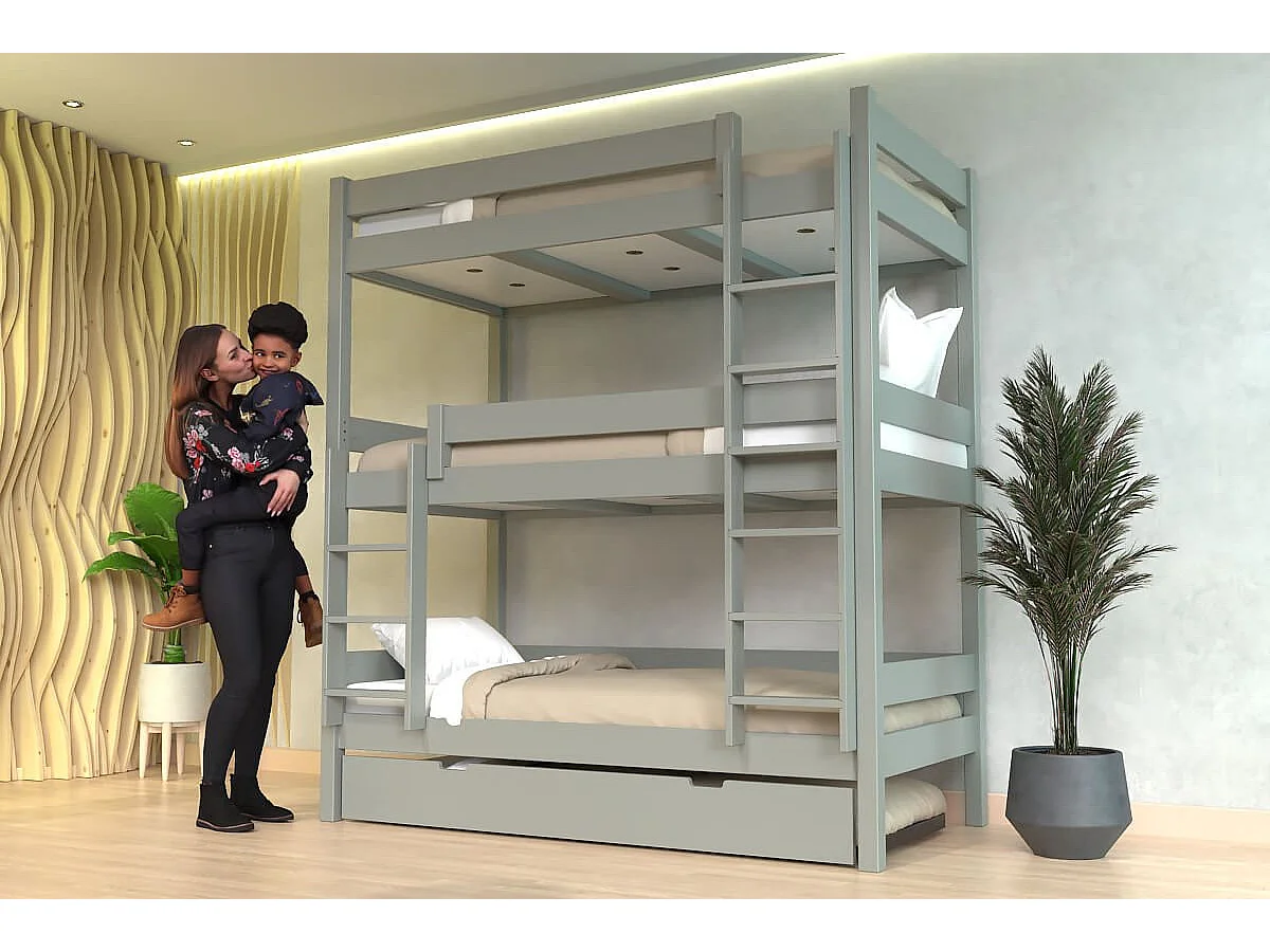 Lit superposé 4 places 90x190 en bois massif ABC, Gris