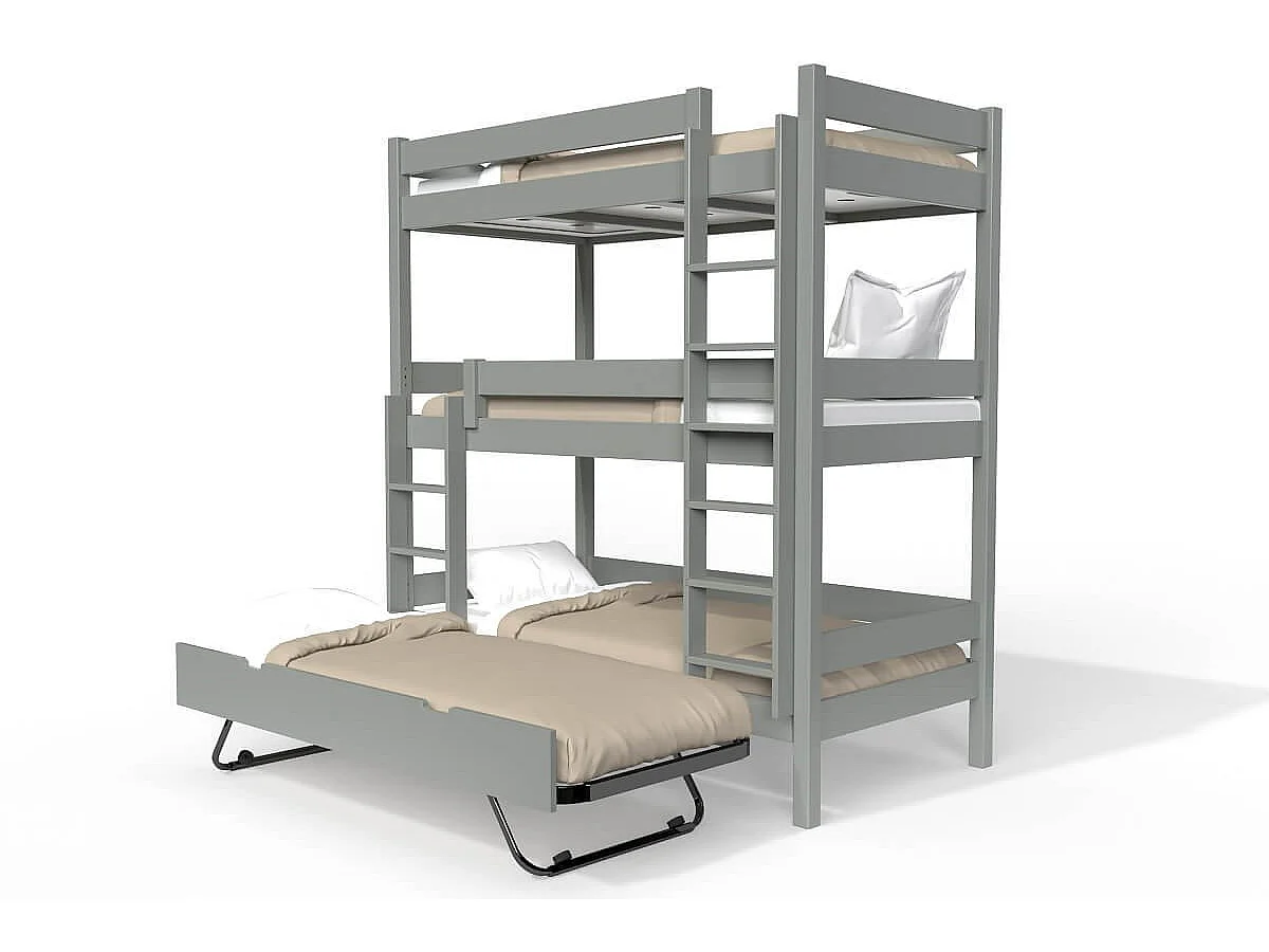 Lit superposé 4 places 90x190 en bois massif ABC, Gris