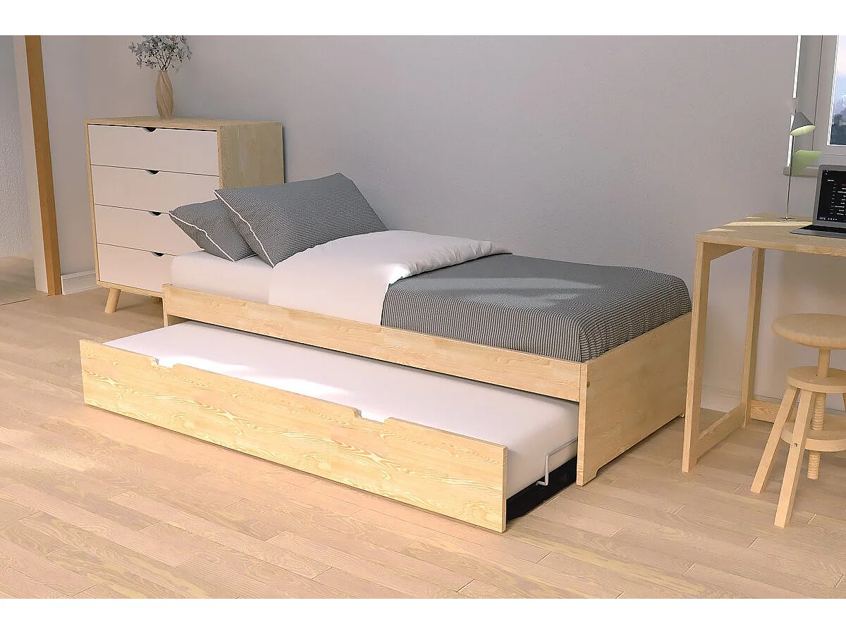 Lit gigogne 90x190 Malo pin massif, Vernis Naturel