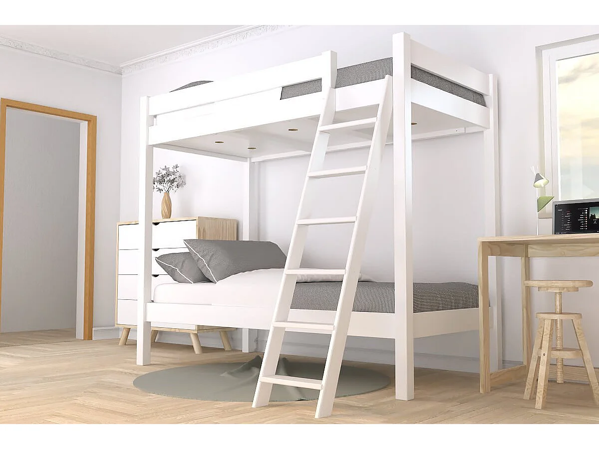 Lit superposé 2 places 90x190 échelle inclinée bois ABC, Blanc