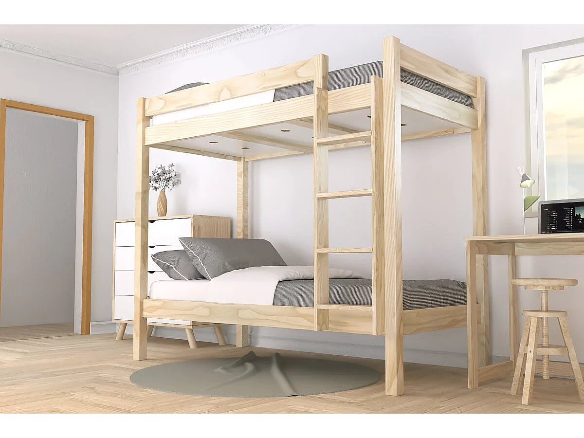 Letto a castello 2 posti 90x190 con scala dritta legno ABC, Vernice Naturale