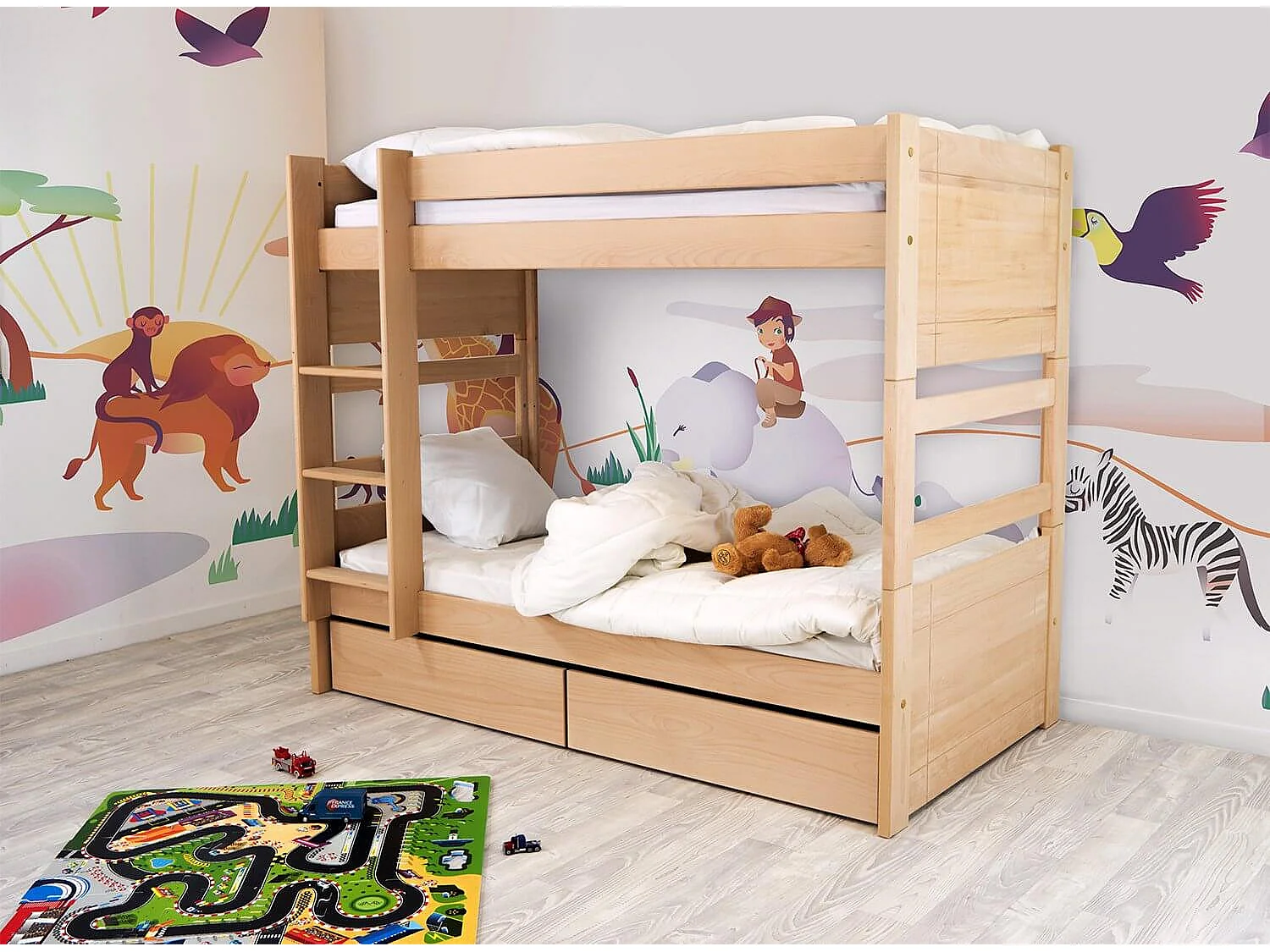 Lit superposé 2 places 90x190 séparable bois Duo, Vernis Naturel