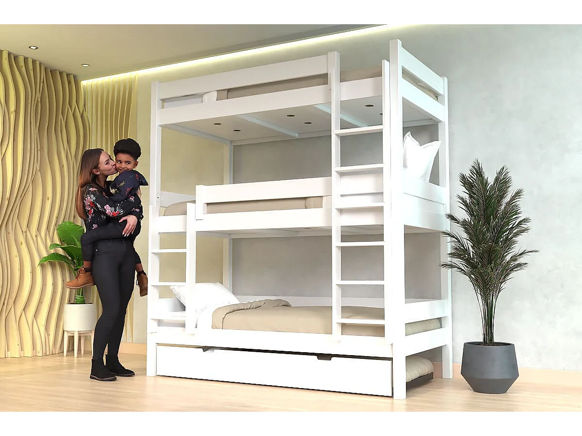 Lit superposé 4 places 90x190 en bois massif ABC, Blanc