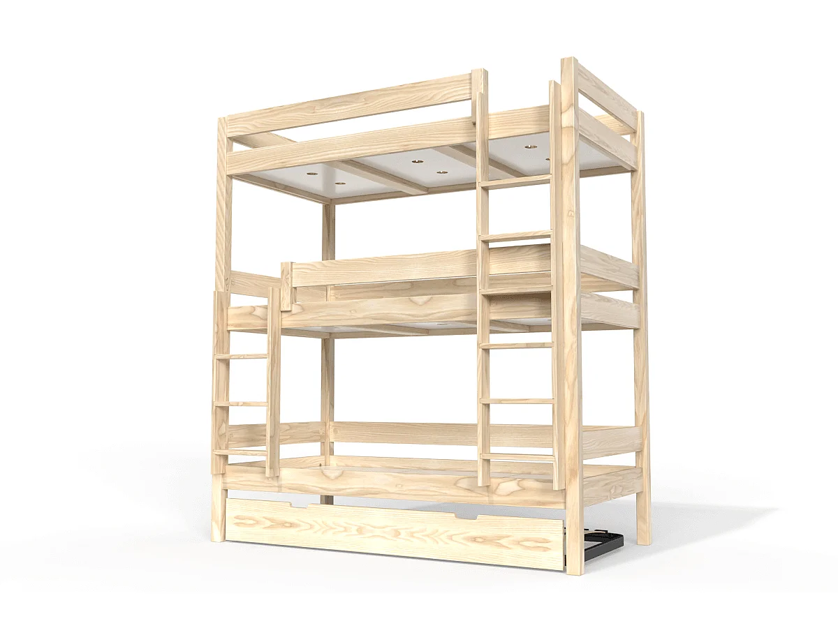 Lit superposé 4 places 90x190 en bois massif ABC, Vernis Naturel
